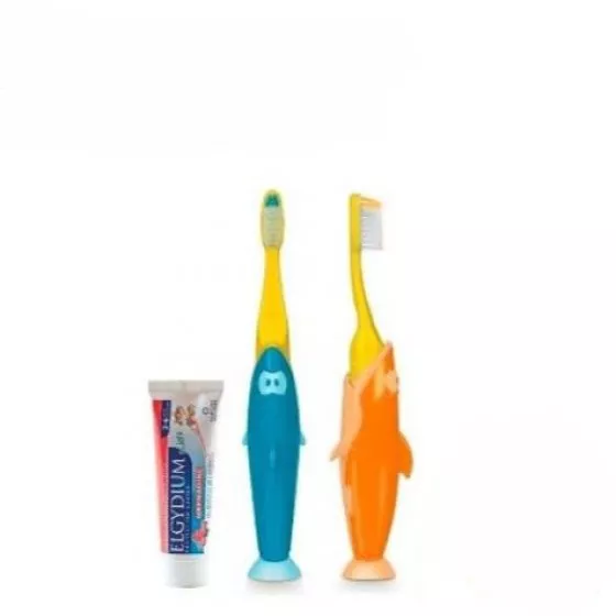 Elgydium Kids Kit Viagem escova dentífrica Infantil Shark + Gel dentífrico Frutos Silvestres