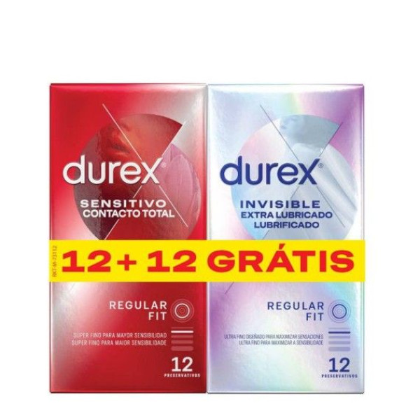 Durex Invisible Extra Lubrificante + Sensitivo Contacto Total Preservativos x12+x12